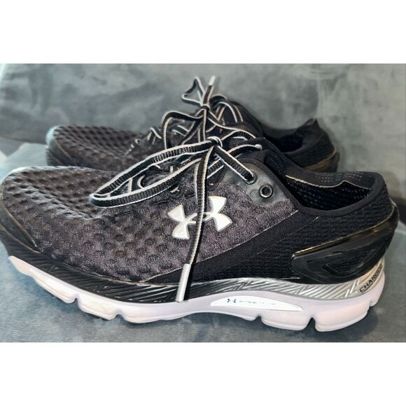 Under Armour SpeedForm Gemini 2 running shoe in a black, white, and metallic sil - Picture 4 of 8
